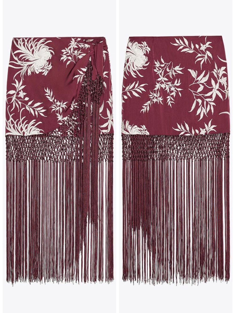 Zara Pareo Skirt with Embroidery & Fringe Burgundy White - Picture 7 of 16
